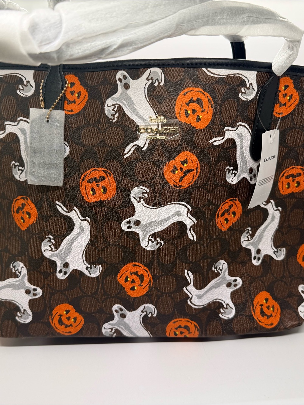 COACH Halloween Ghost & Pumpkin Signature Tote in Brown/Orange